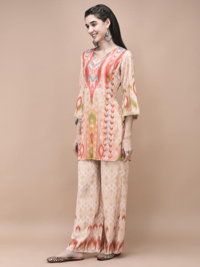 Women Liva Multicolor Ikat Print Co-Ord Set.
