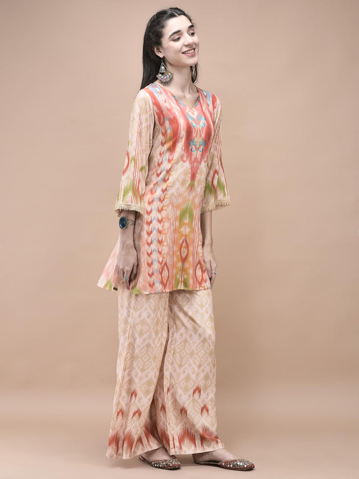 Women Liva Multicolor Ikat Print Co-Ord Set.