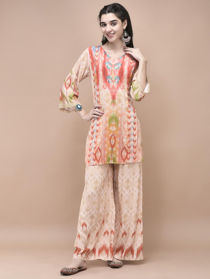 Women Liva Multicolor Ikat Print Co-Ord Set.