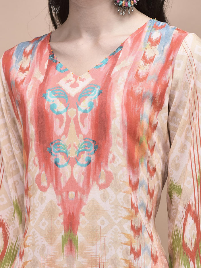 Women Liva Multicolor Ikat Print Co-Ord Set.