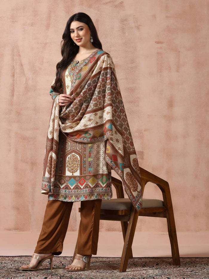 Women Liva Off-white Multicolor Printed Kurta Comfort Pant Dupatta.