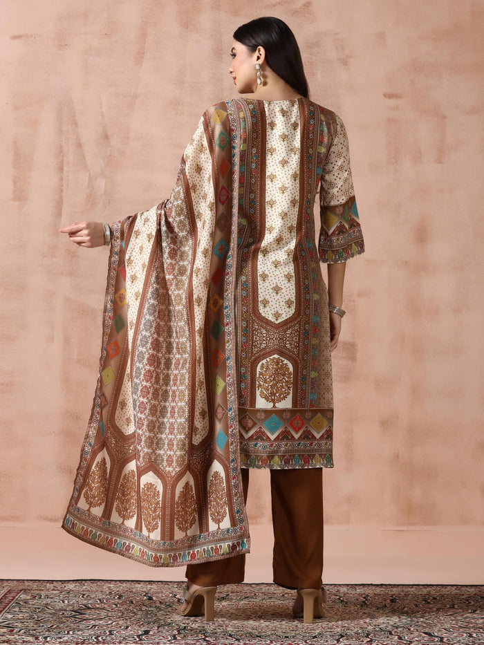 Women Liva Off-white Multicolor Printed Kurta Comfort Pant Dupatta.