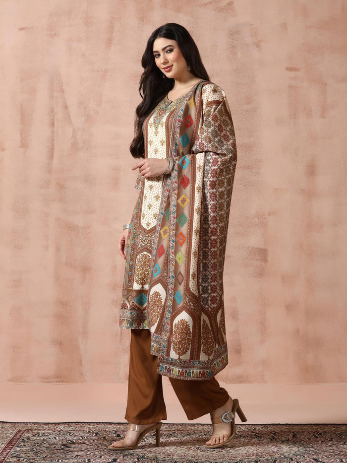 Women Liva Off-white Multicolor Printed Kurta Comfort Pant Dupatta.