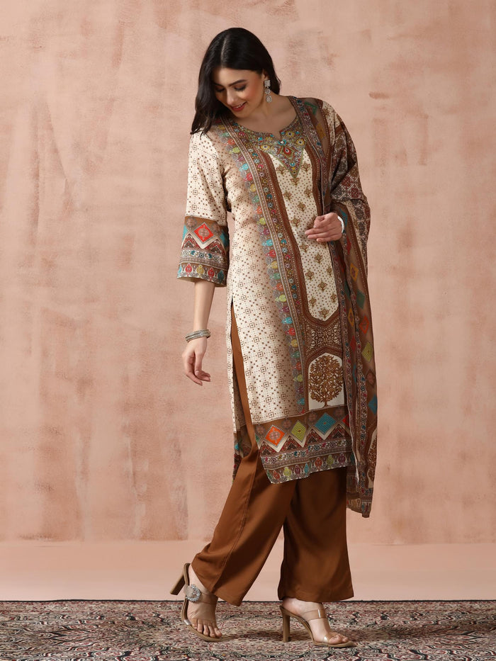Women Liva Off-white Multicolor Printed Kurta Comfort Pant Dupatta.