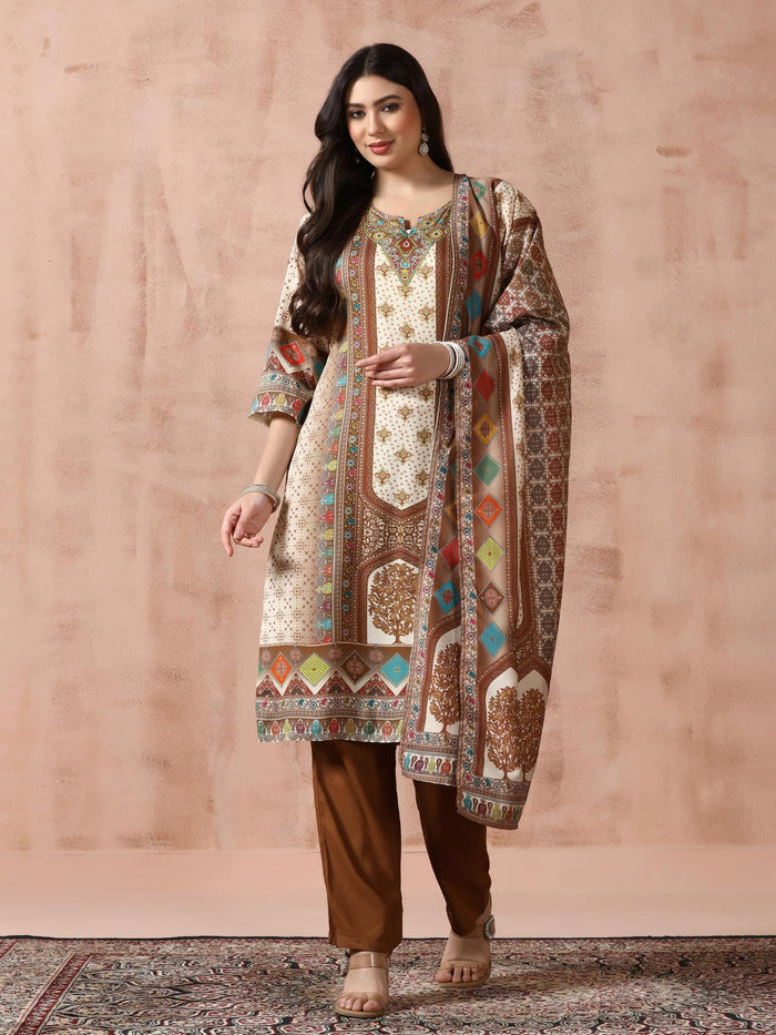 Women Liva Off-white Multicolor Printed Kurta Comfort Pant Dupatta.