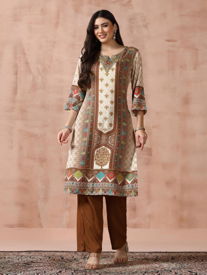 Women Liva Off-white Multicolor Printed Kurta Comfort Pant Dupatta.
