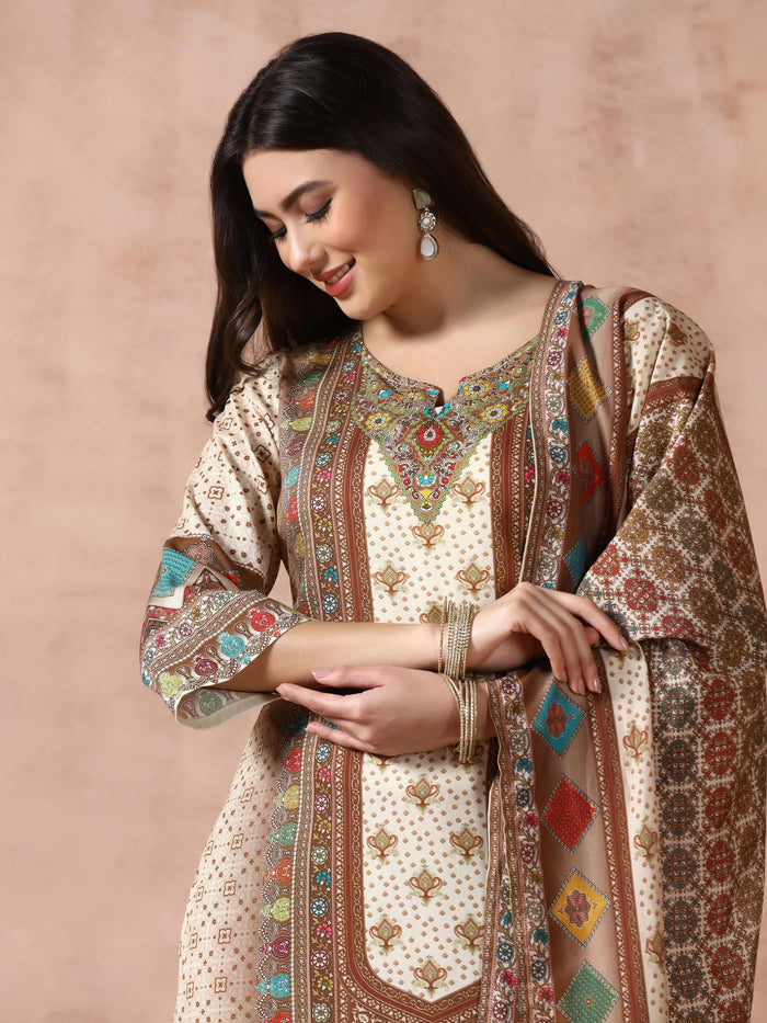Women Liva Off-white Multicolor Printed Kurta Comfort Pant Dupatta.
