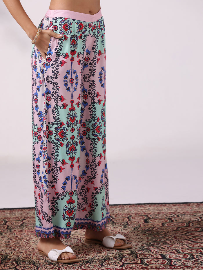 Women Liva Multicolor Printed Kurta With Wide Leg Pant