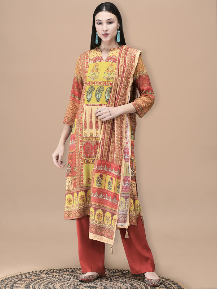 Women Liva Mustard Mughal Print Kurta Comfort Pant Dupatta.