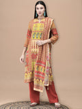 Women Liva Mustard Mughal Print Kurta Comfort Pant Dupatta.