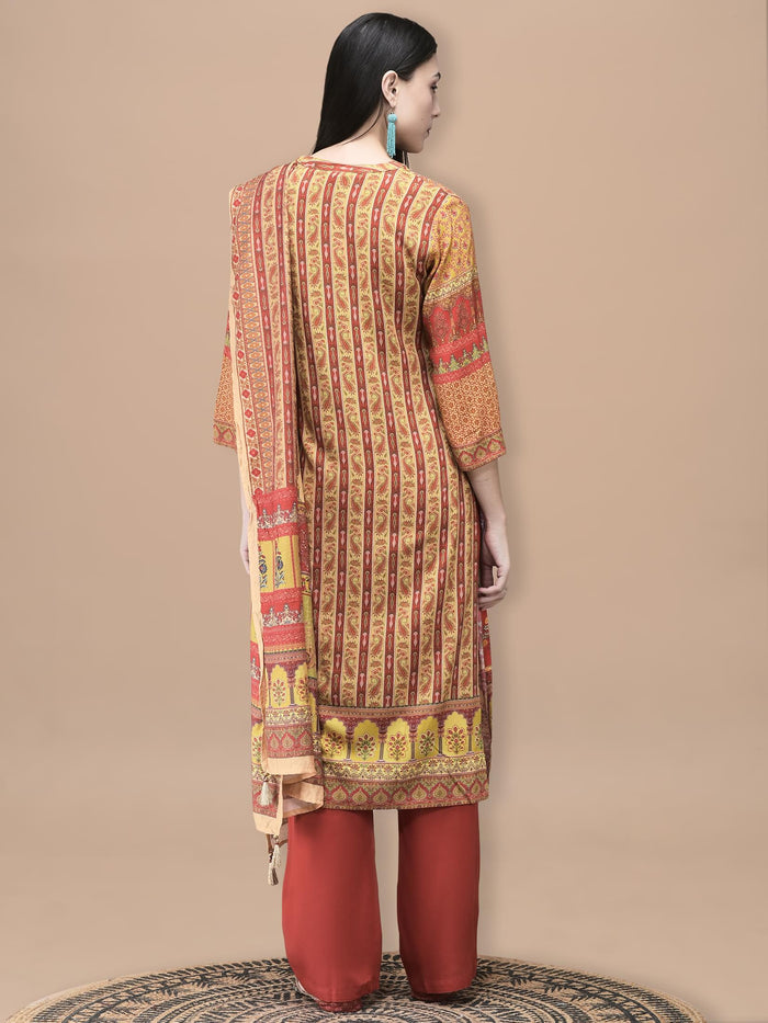 Women Liva Mustard Mughal Print Kurta Comfort Pant Dupatta.