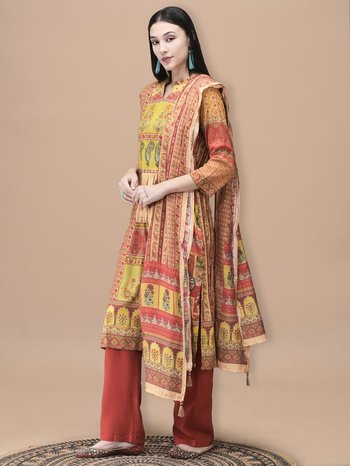 Women Liva Mustard Mughal Print Kurta Comfort Pant Dupatta.