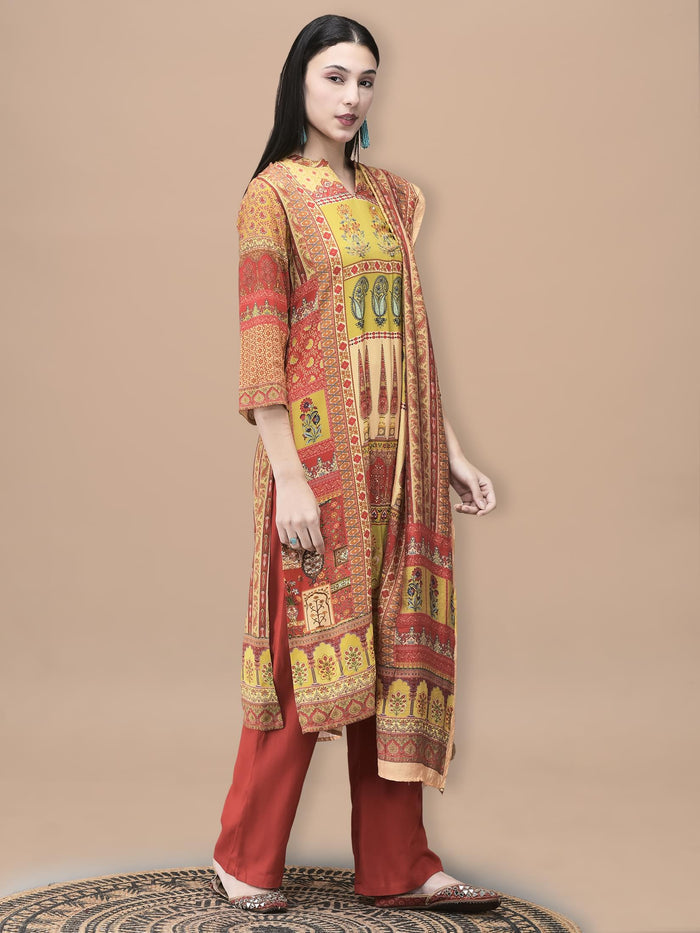 Women Liva Mustard Mughal Print Kurta Comfort Pant Dupatta.