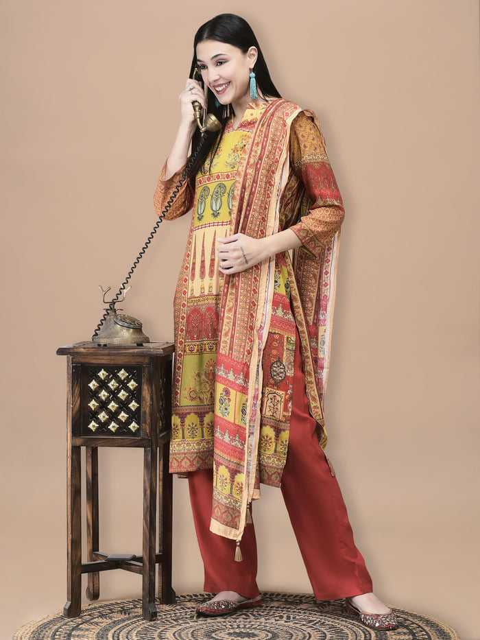 Women Liva Mustard Mughal Print Kurta Comfort Pant Dupatta.