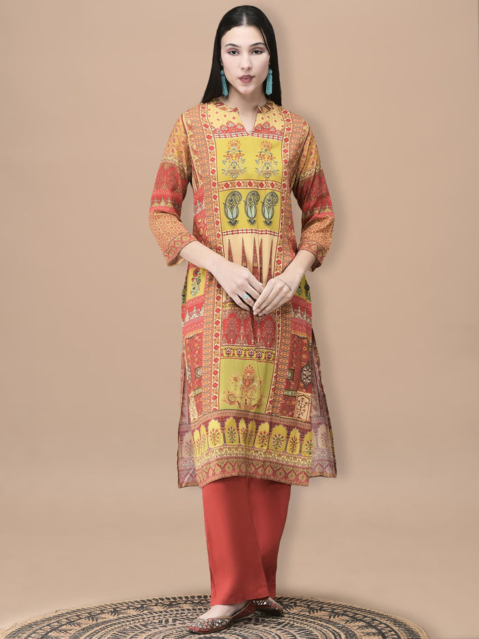 Women Liva Mustard Mughal Print Kurta Comfort Pant Dupatta.