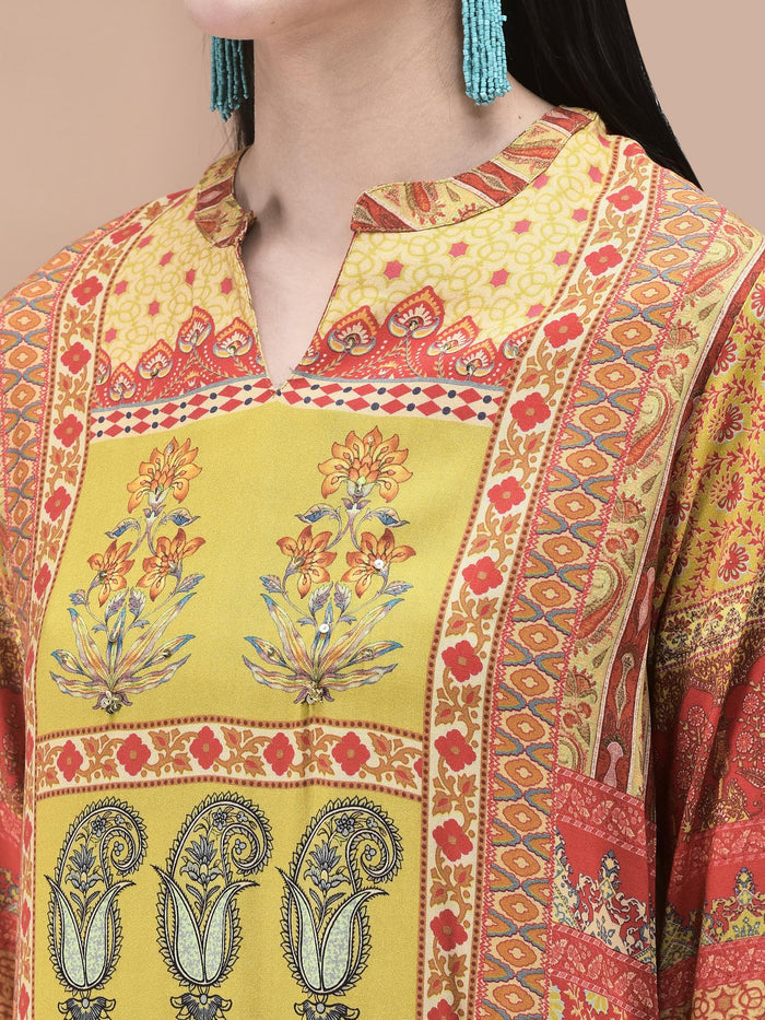 Women Liva Mustard Mughal Print Kurta Comfort Pant Dupatta.