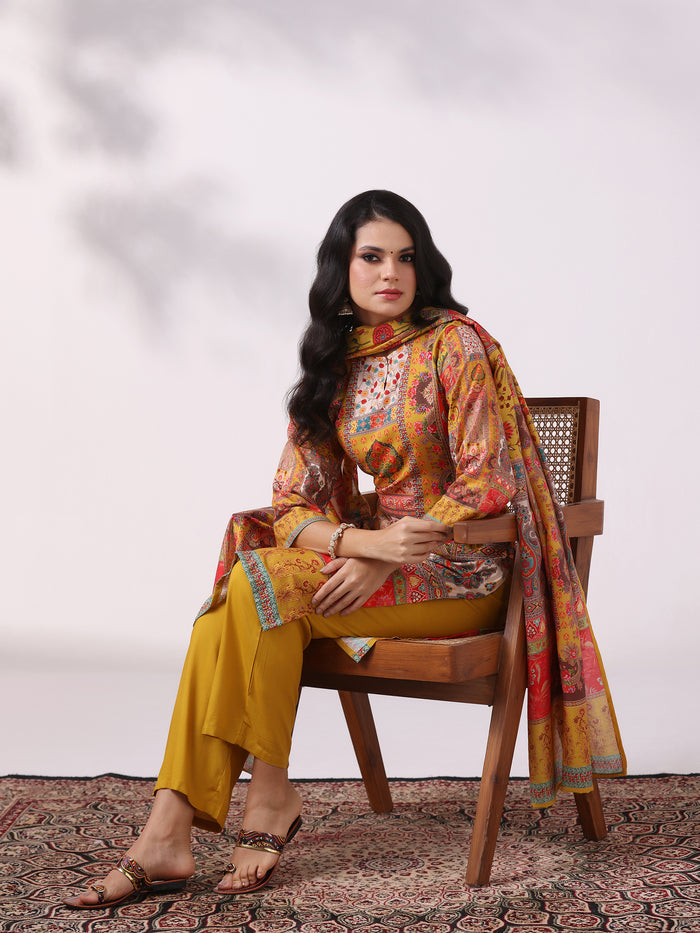 Women Liva Mustard Multicolor Printed Kurta Comfort Pant Dupatta