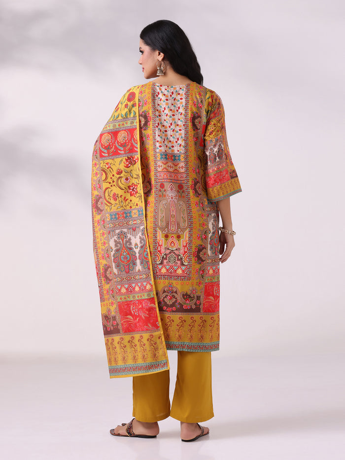 Women Liva Mustard Multicolor Printed Kurta Comfort Pant Dupatta