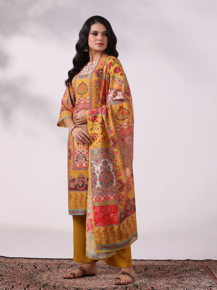 Women Liva Mustard Multicolor Printed Kurta Comfort Pant Dupatta