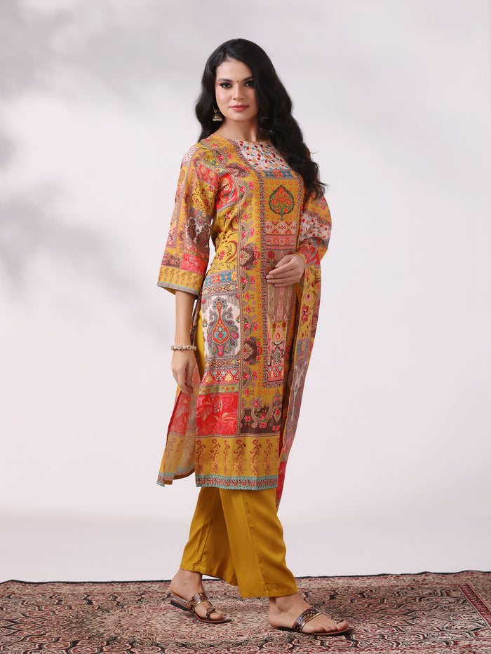 Women Liva Mustard Multicolor Printed Kurta Comfort Pant Dupatta