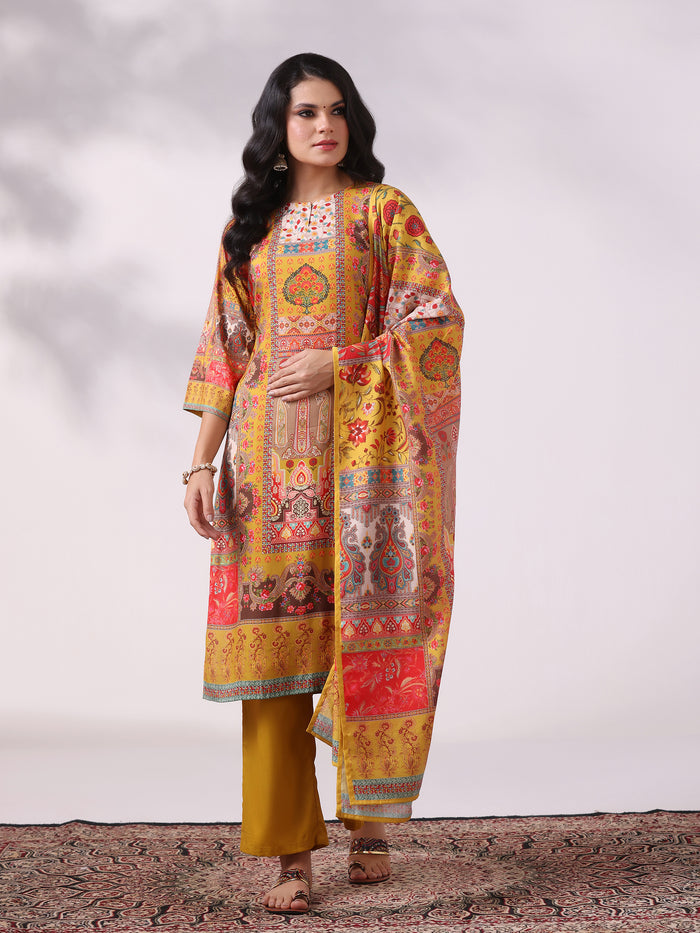 Women Liva Mustard Multicolor Printed Kurta Comfort Pant Dupatta