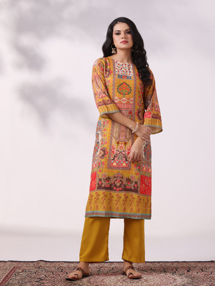 Women Liva Mustard Multicolor Printed Kurta Comfort Pant Dupatta