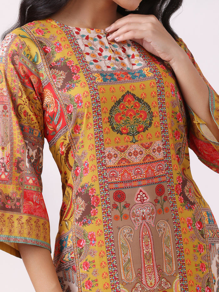 Women Liva Mustard Multicolor Printed Kurta Comfort Pant Dupatta