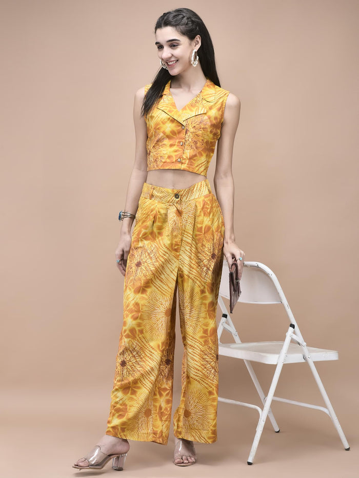 Women Liva Mustard Tie Dye Print Co-Ord Set.