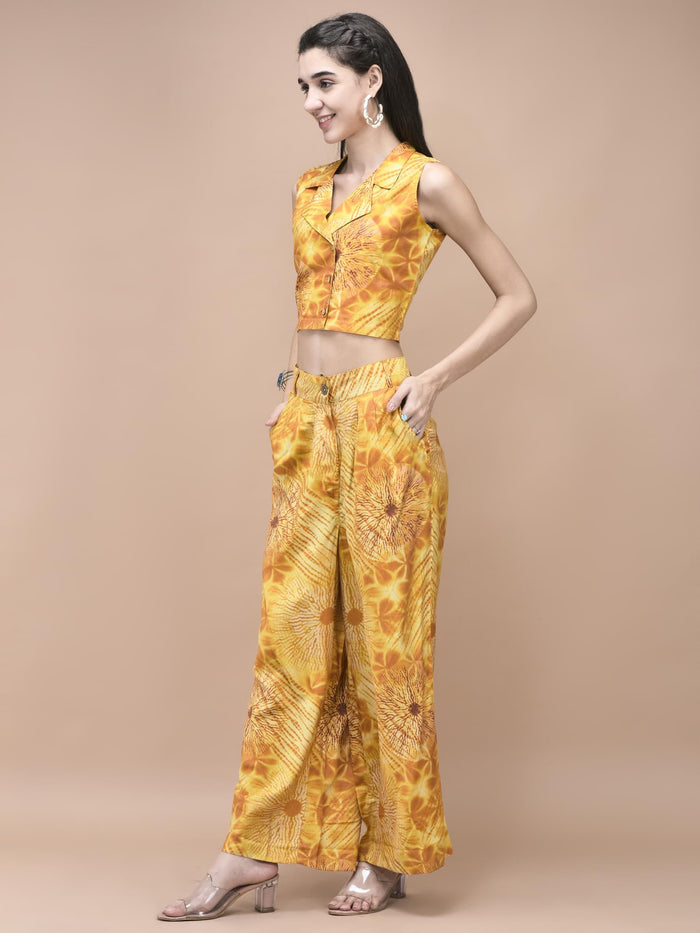 Women Liva Mustard Tie Dye Print Co-Ord Set.