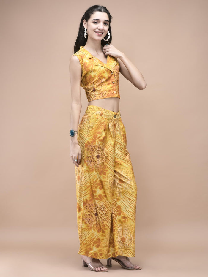 Women Liva Mustard Tie Dye Print Co-Ord Set.