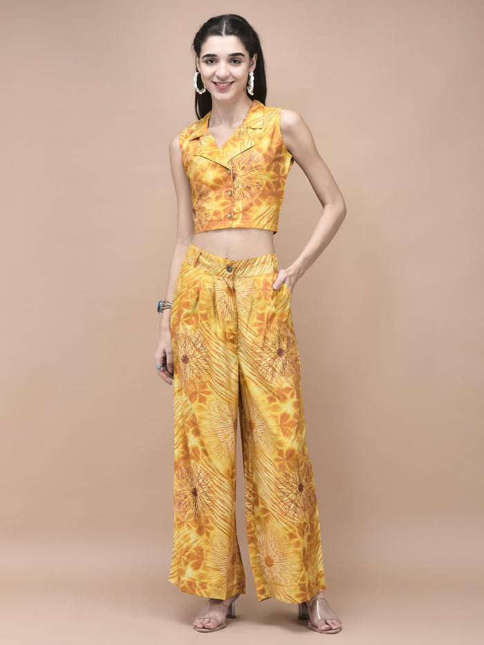 Women Liva Mustard Tie Dye Print Co-Ord Set.