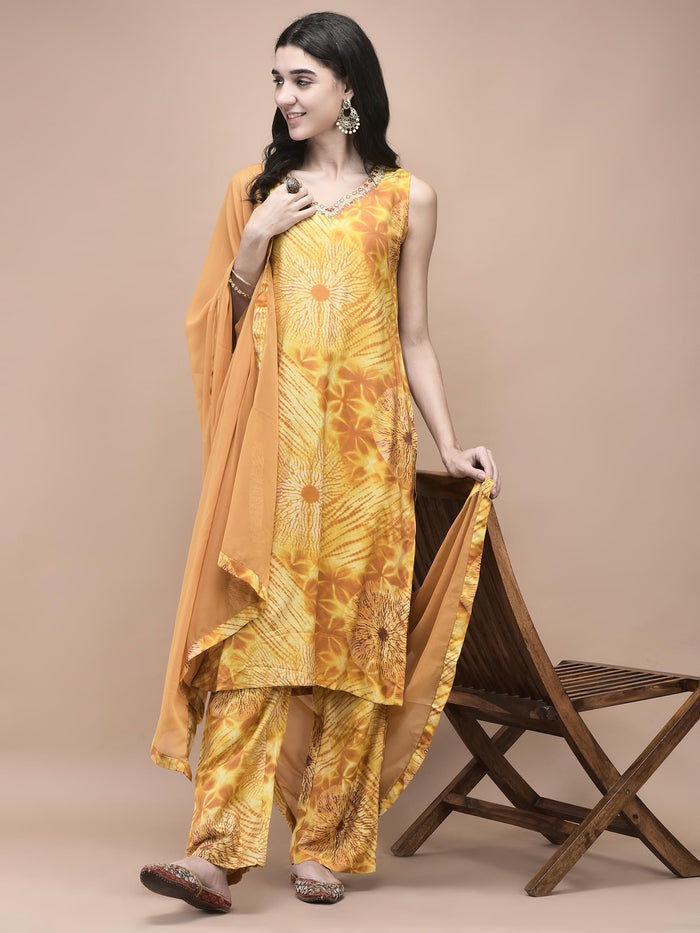 Women Liva Mustard Tie Dye Print embroidered Kurta Comfort Pant Dupatta.