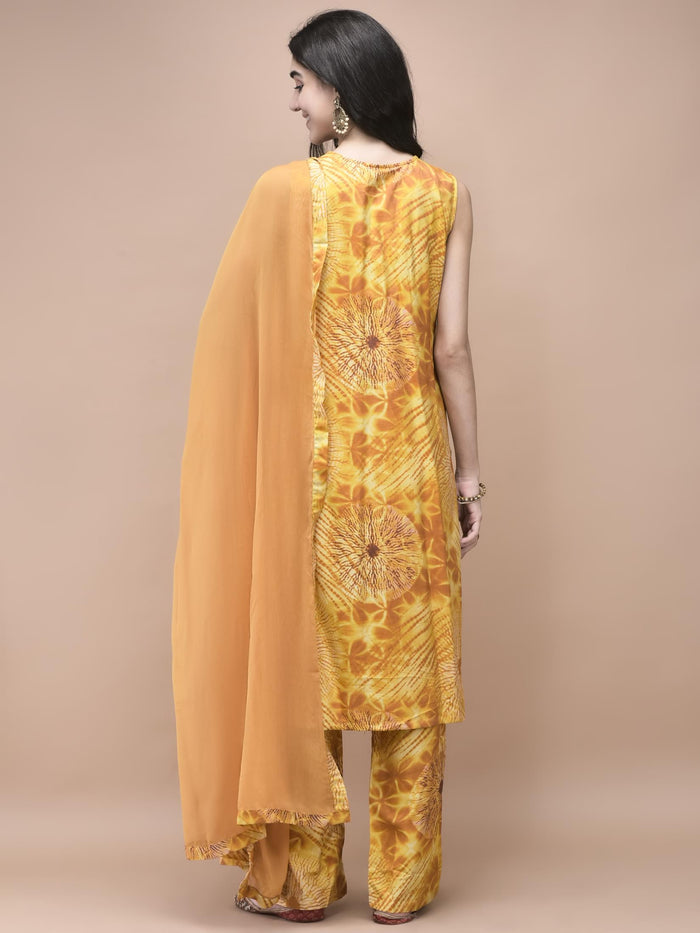 Women Liva Mustard Tie Dye Print embroidered Kurta Comfort Pant Dupatta.