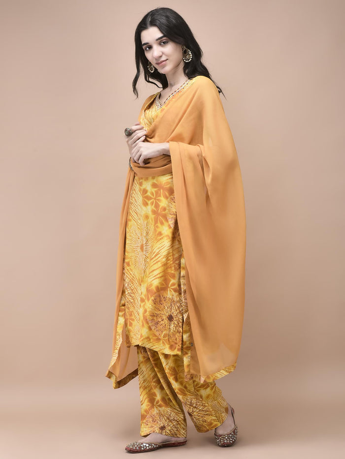 Women Liva Mustard Tie Dye Print embroidered Kurta Comfort Pant Dupatta.