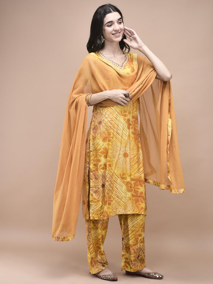 Women Liva Mustard Tie Dye Print embroidered Kurta Comfort Pant Dupatta.