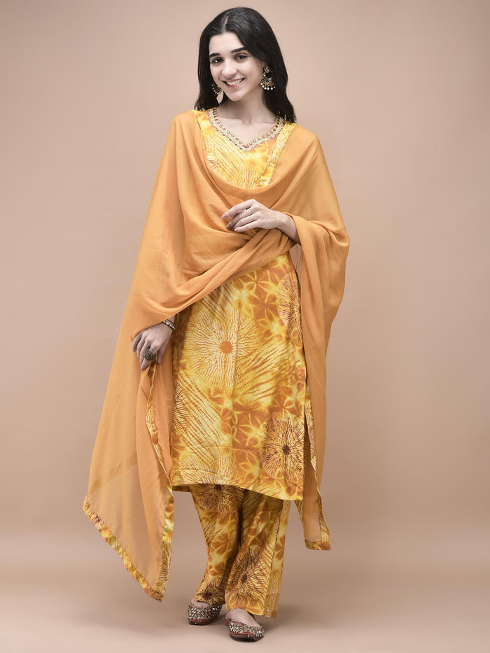 Women Liva Mustard Tie Dye Print embroidered Kurta Comfort Pant Dupatta.