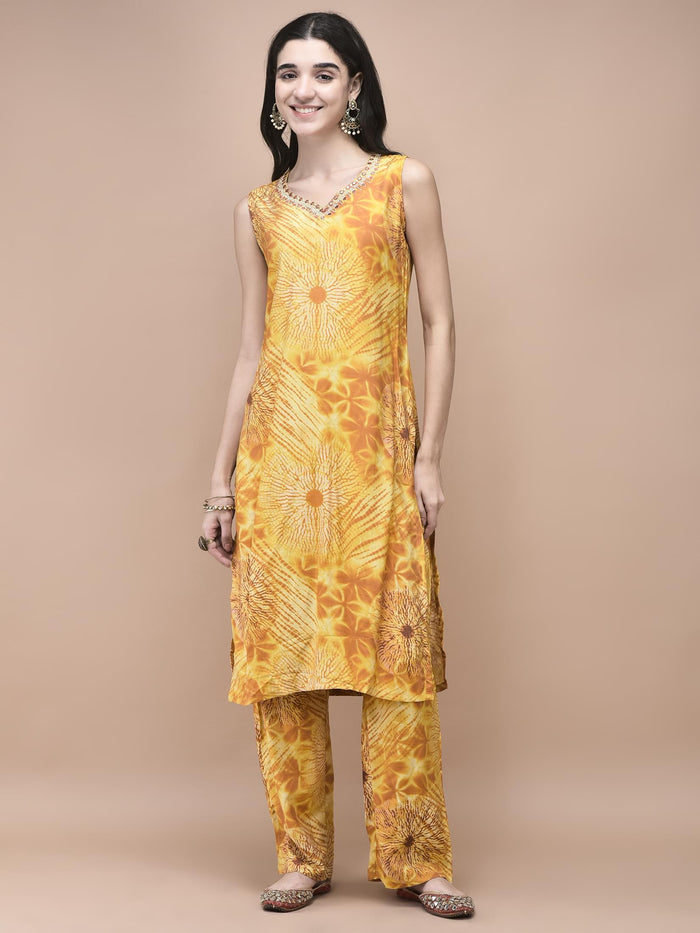 Women Liva Mustard Tie Dye Print embroidered Kurta Comfort Pant Dupatta.