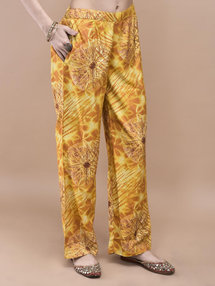 Women Liva Mustard Tie Dye Print embroidered Kurta Comfort Pant Dupatta.