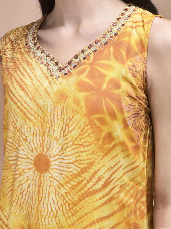 Women Liva Mustard Tie Dye Print embroidered Kurta Comfort Pant Dupatta.