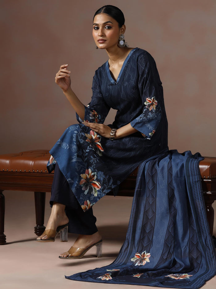 Women Liva Navy Blue Printed Kurta Comfort Pant Dupatta.