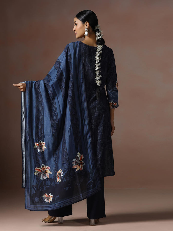 Women Liva Navy Blue Printed Kurta Comfort Pant Dupatta.