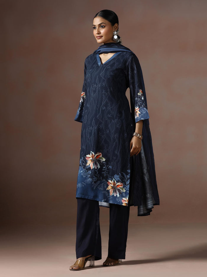 Women Liva Navy Blue Printed Kurta Comfort Pant Dupatta.