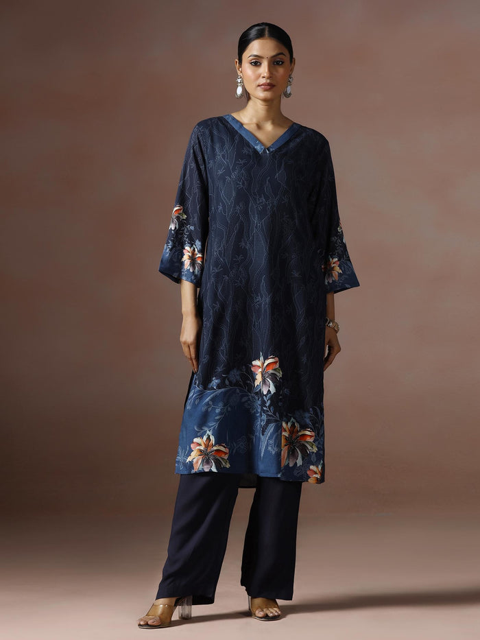 Women Liva Navy Blue Printed Kurta Comfort Pant Dupatta.