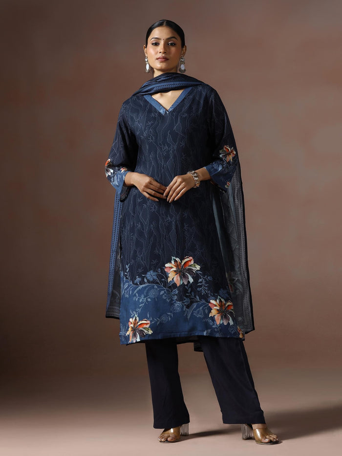 Women Liva Navy Blue Printed Kurta Comfort Pant Dupatta.
