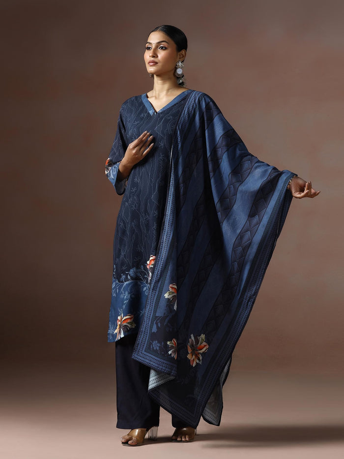 Women Liva Navy Blue Printed Kurta Comfort Pant Dupatta.
