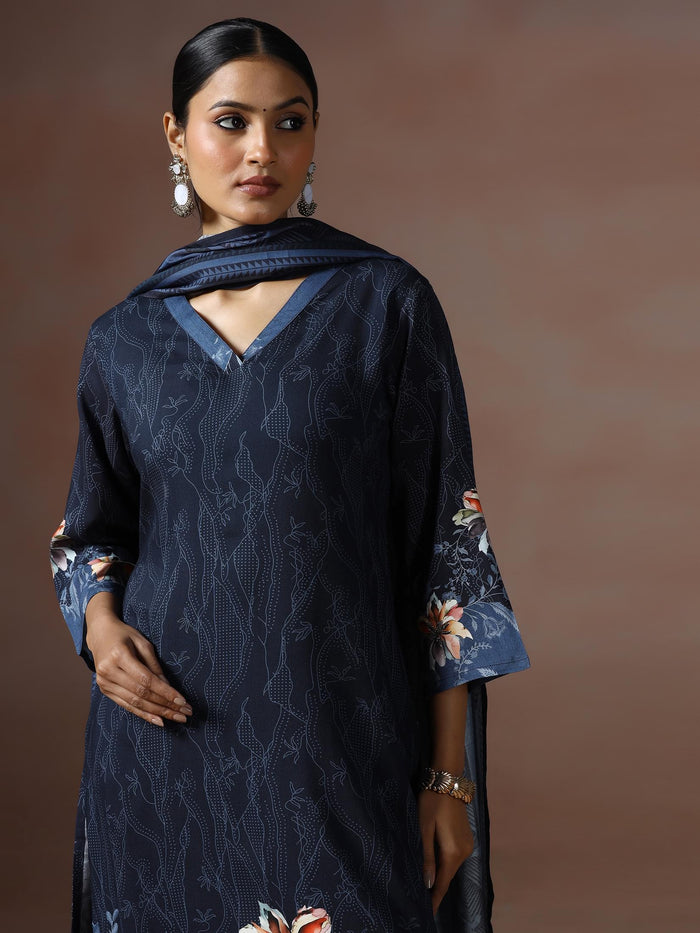 Women Liva Navy Blue Printed Kurta Comfort Pant Dupatta.