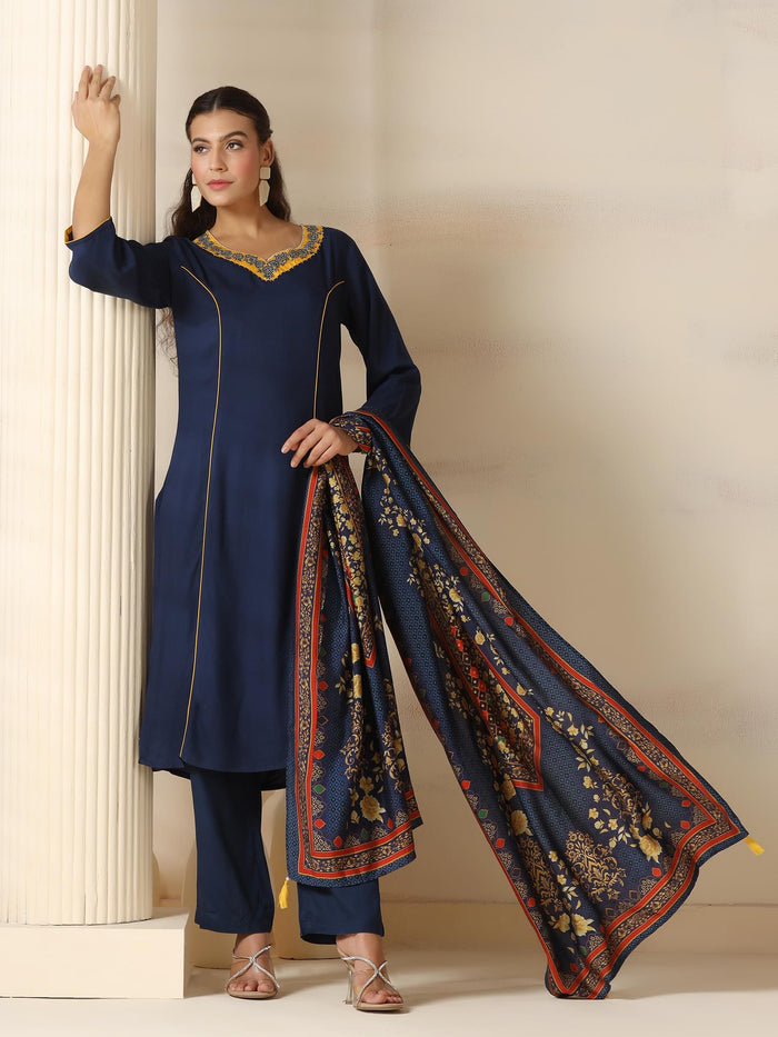 Women Liva Navy Blue Solid Kurta Comfort Pant Dupatta.