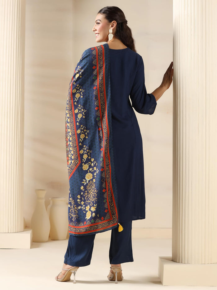 Women Liva Navy Blue Solid Kurta Comfort Pant Dupatta.