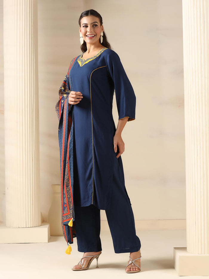 Women Liva Navy Blue Solid Kurta Comfort Pant Dupatta.