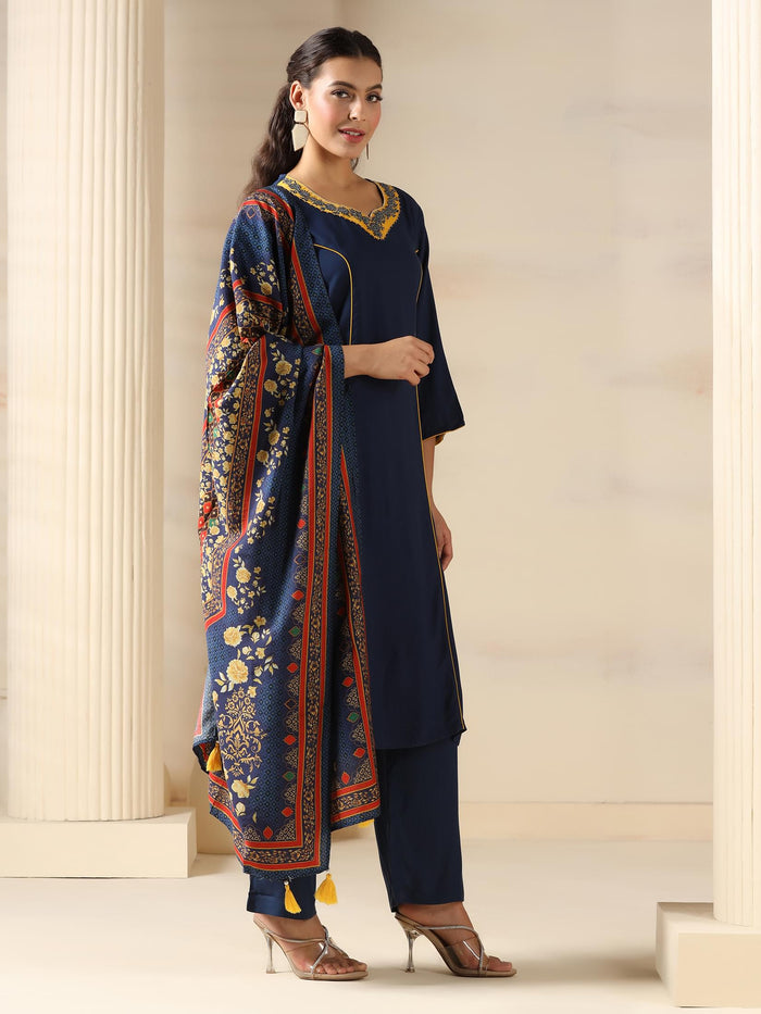 Women Liva Navy Blue Solid Kurta Comfort Pant Dupatta.